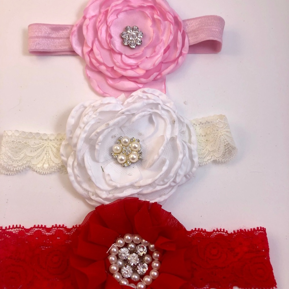 Lot of 3 girls toddler headbands flowers pink red